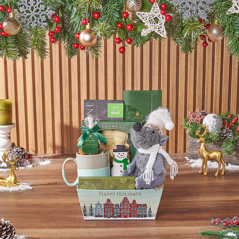 Deluxe Holiday Chocolate and Plush Gift Tray Basket – how the gift is presented