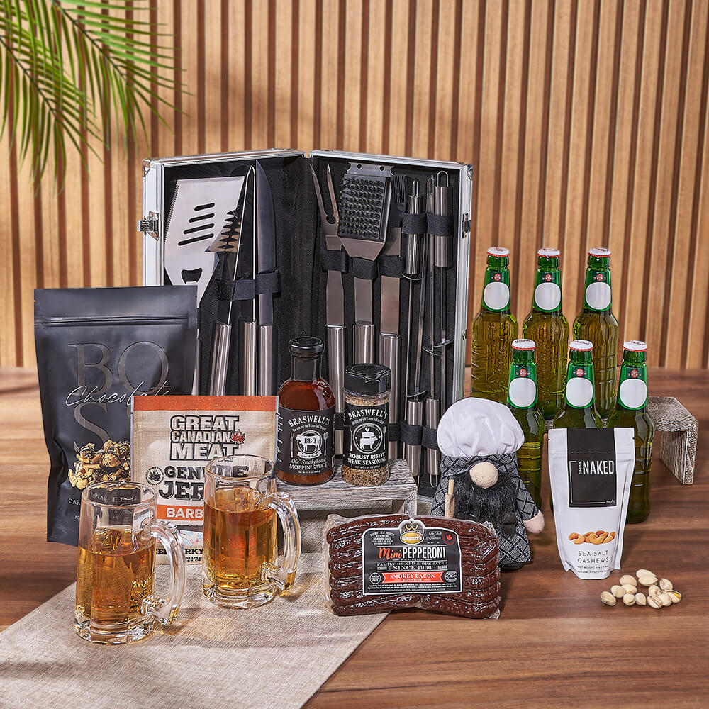 Deluxe Beer Gift Basket with Grill Utensils and Gourmet Snacks – how the gift is presented