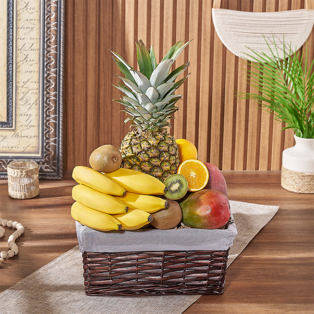 Fresh Tropical Fruit Gift Basket in Grey Split Willow – how the gift is presented