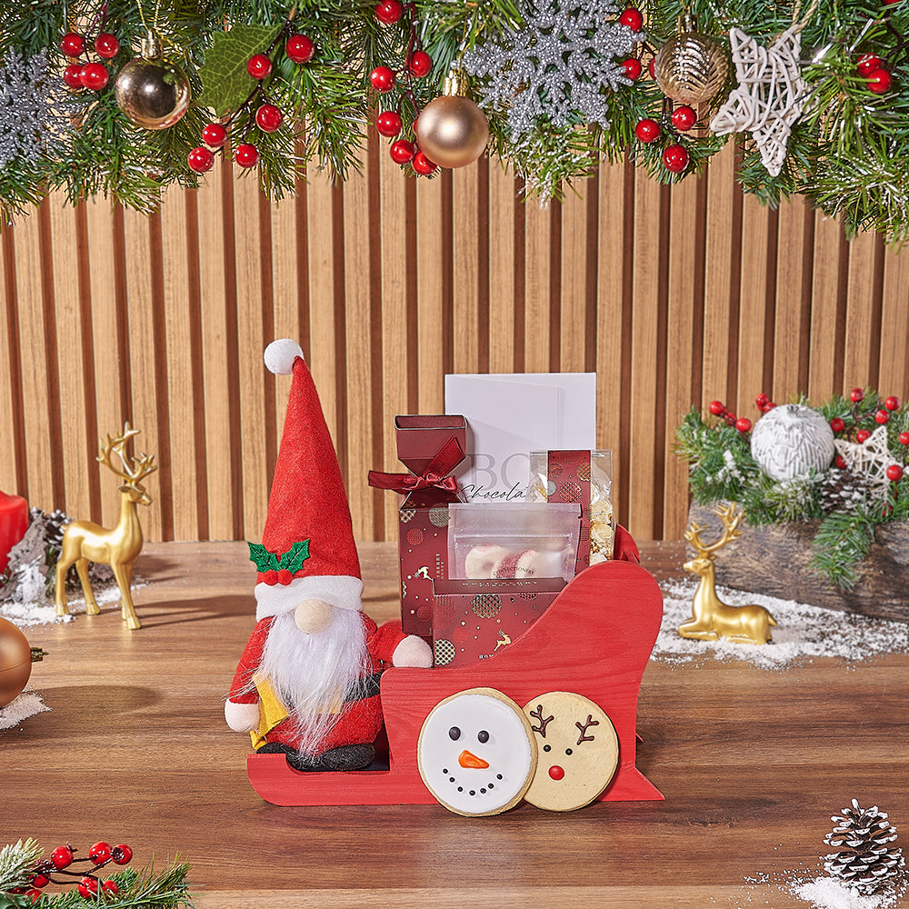 Holiday Gourmet Chocolates and Candy Gift Basket in Red Sleigh Container – how the gift is presented