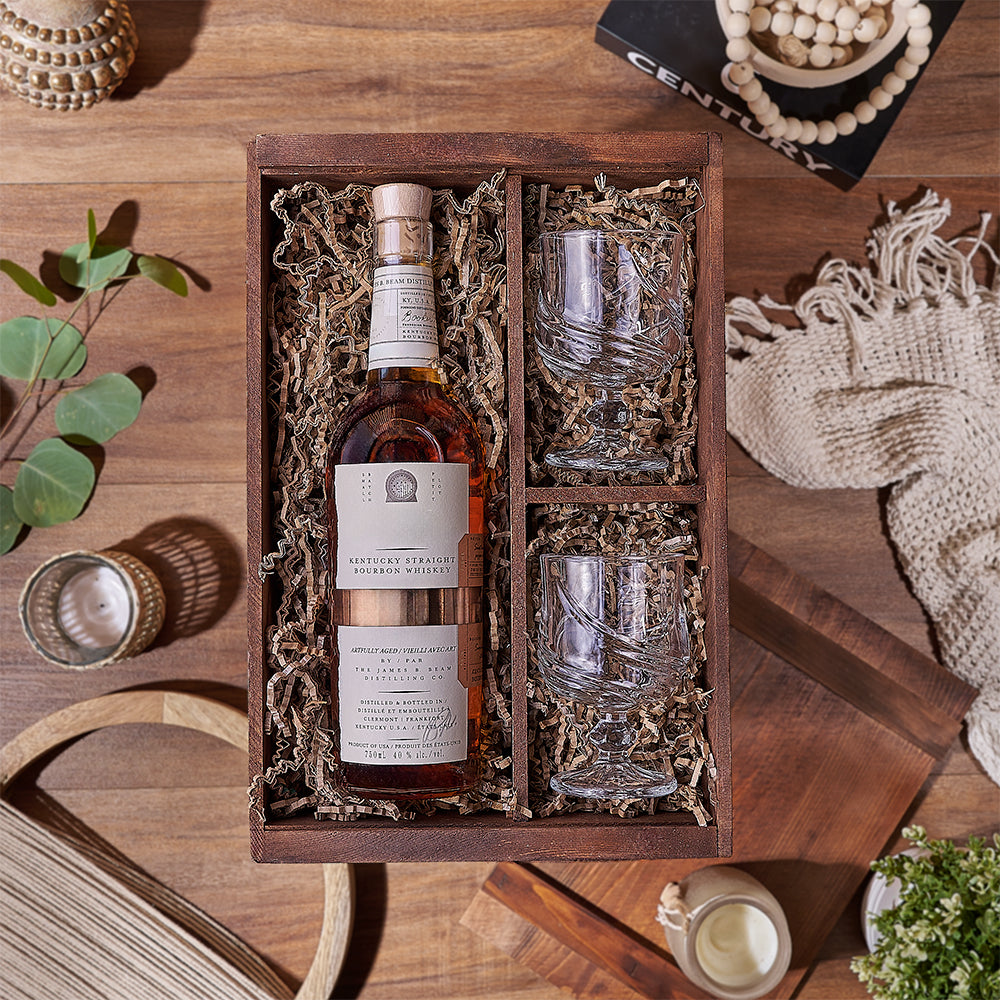 Elegant Whiskey Gift Basket Featuring Two Astana Snifter Glasses – how the gift is presented