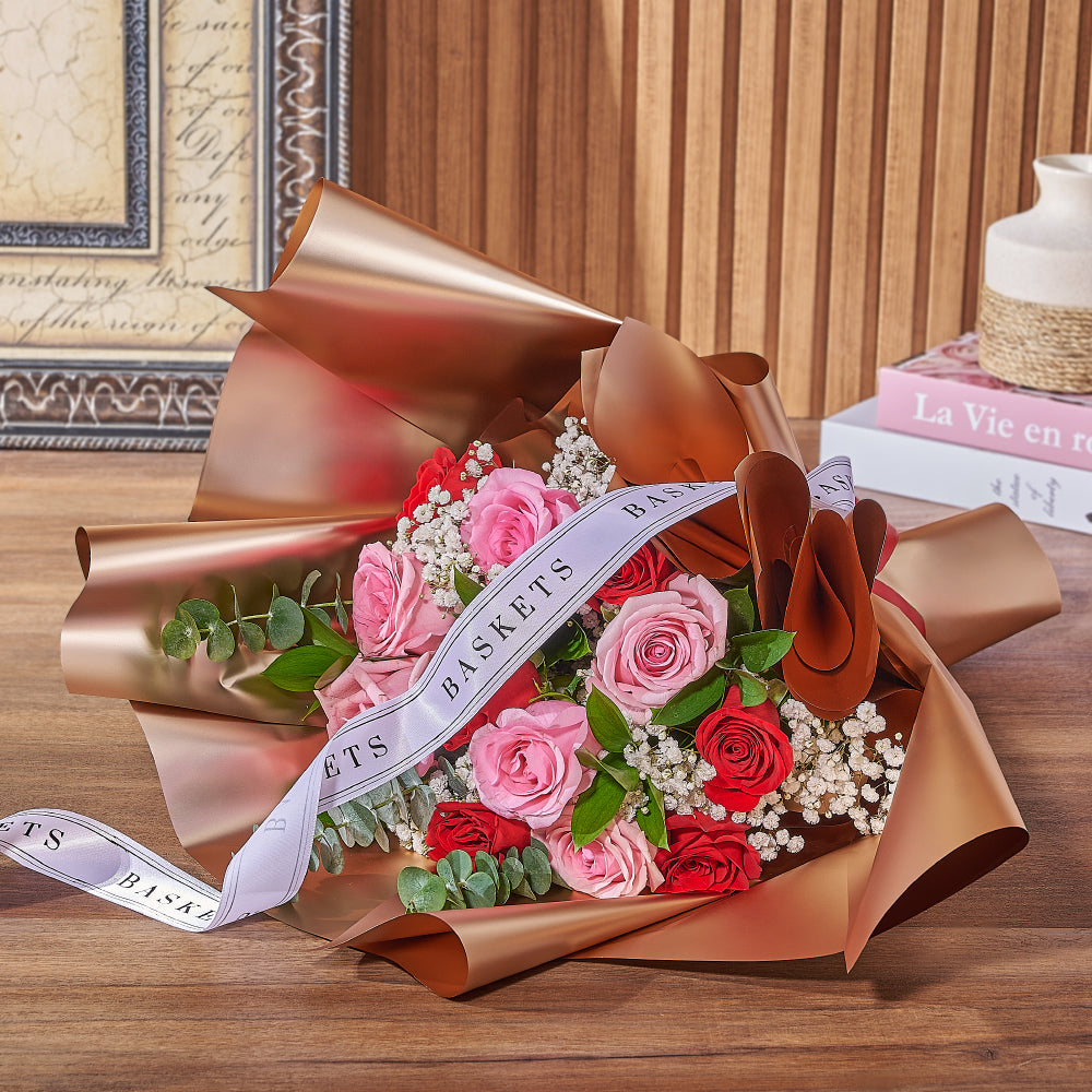 Elegant Mixed Rose and Eucalyptus Bouquet Wrapped with Ribbon – how the gift is presented