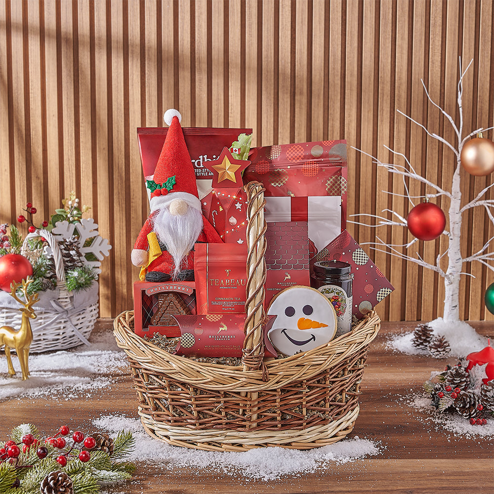 Festive Medium Wicker Basket with Gourmet Treats – how the gift is presented