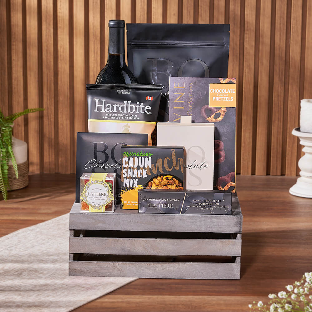 Wooden Crate Alcohol and Snack Collection – how the gift is presented