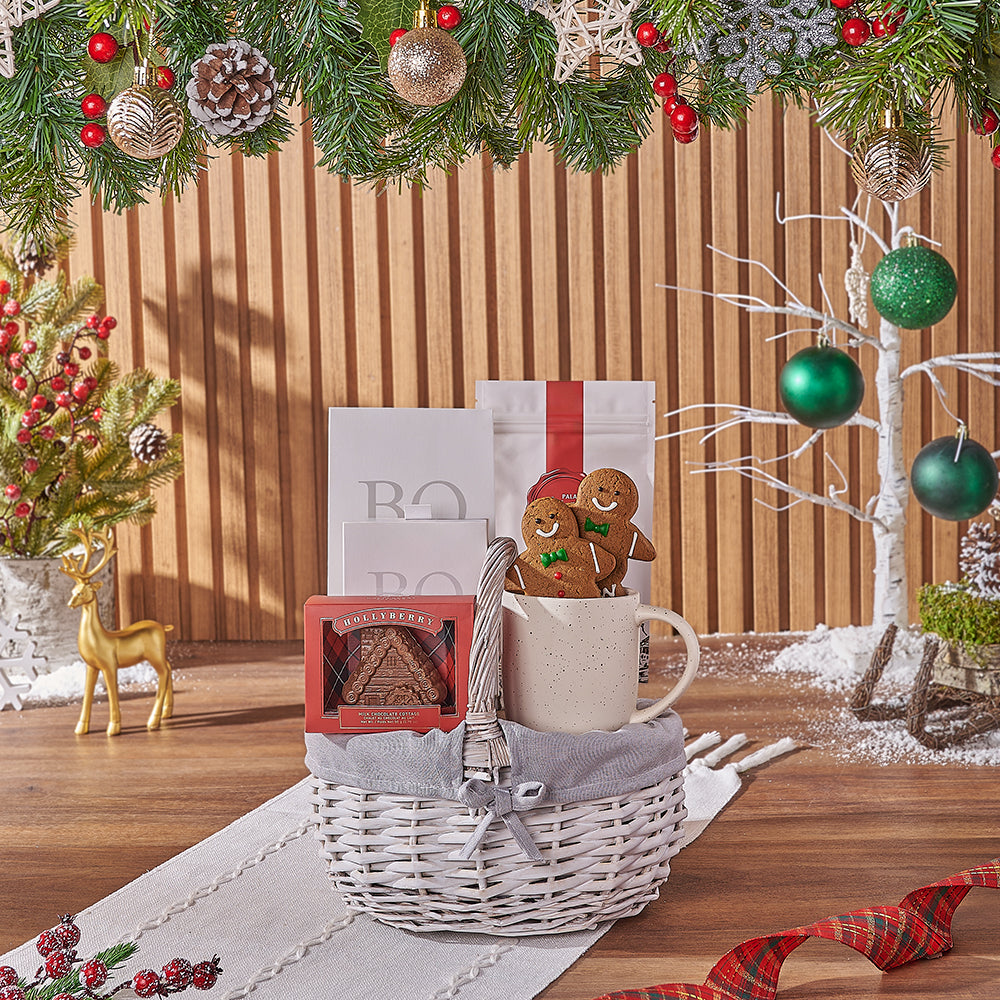 Holiday White Wicker Basket with Hot Chocolate and Truffles – how the gift is presented