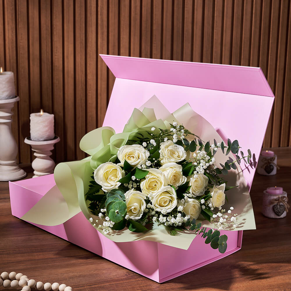 Deluxe White Rose Floral Bouquet with Greenery – how the gift is presented