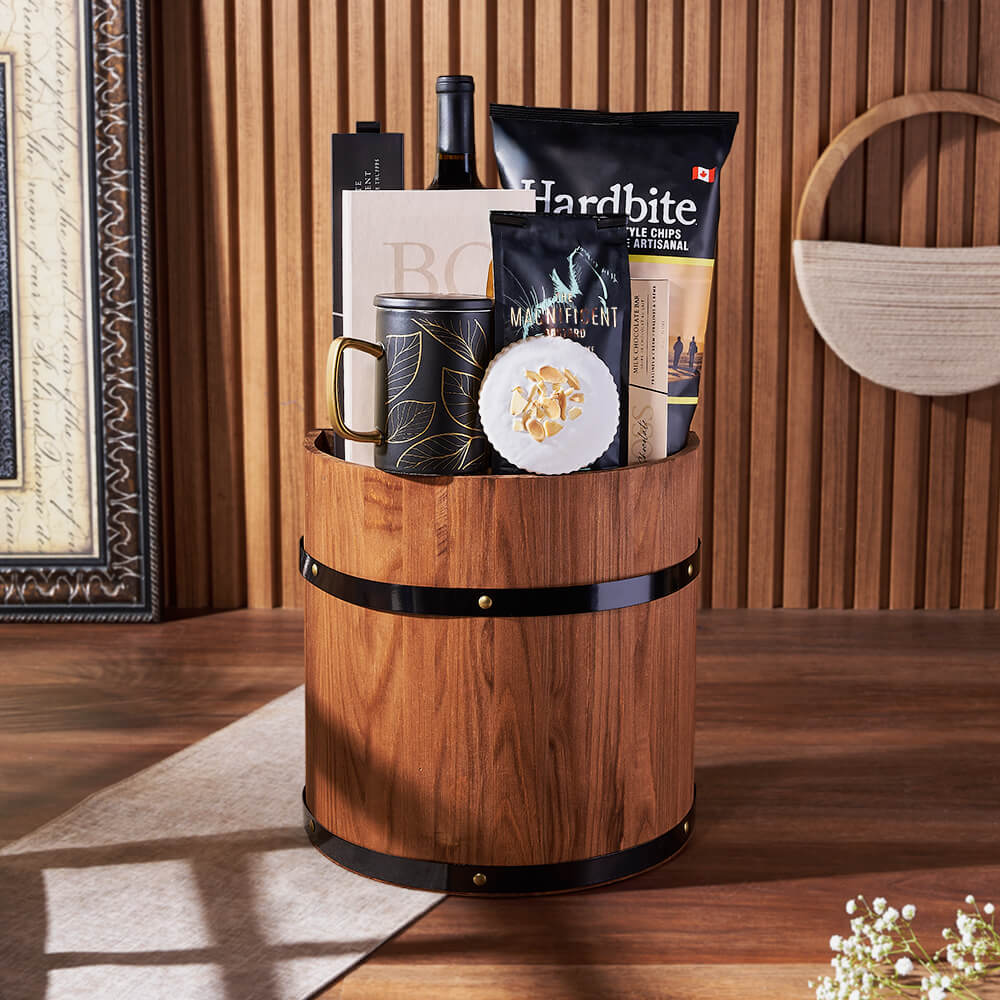 Wine and Snack Wooden Barrel Gift – how the gift is presented
