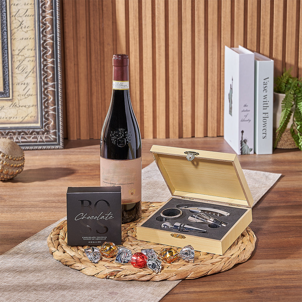 Wine and Gourmet Boss Chocolate Truffles Gift Basket with Serving Tools – how the gift is presented