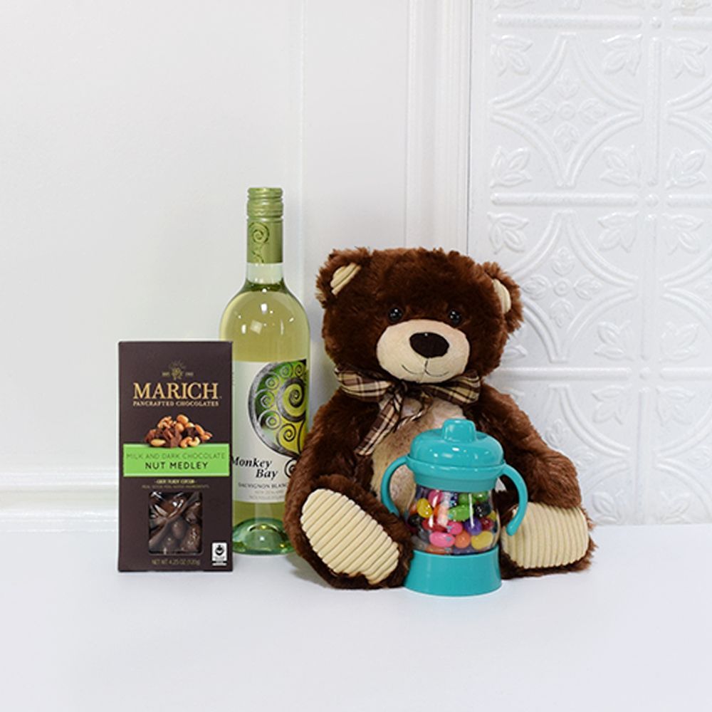 Baby Shower Wine Basket with Marich Chocolate Nut Medley and Plush Bears – how the gift is presented