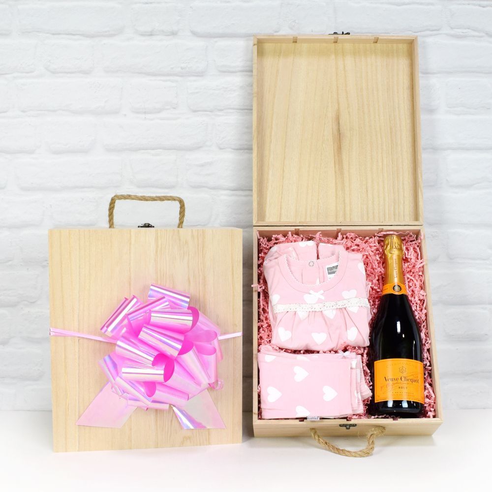 Baby Girl Celebration Champagne Gift Box with Kushies Apparel – how the gift is presented