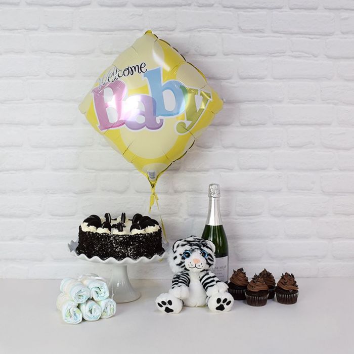 Champagne Gift Basket Featuring Cookies & Cream Cake for New Parents – how the gift is presented