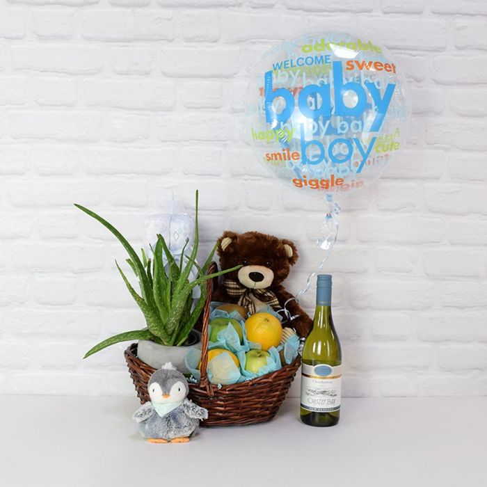 Deluxe Wine and Fresh Fruit Gift Basket with Baby Boy Theme – how the gift is presented