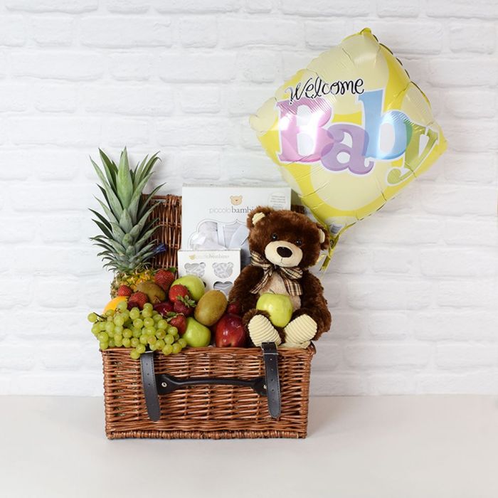 Baby Arrival Gift Basket with Cotton Socks, Plush Bear, and Fresh Fruit – how the gift is presented