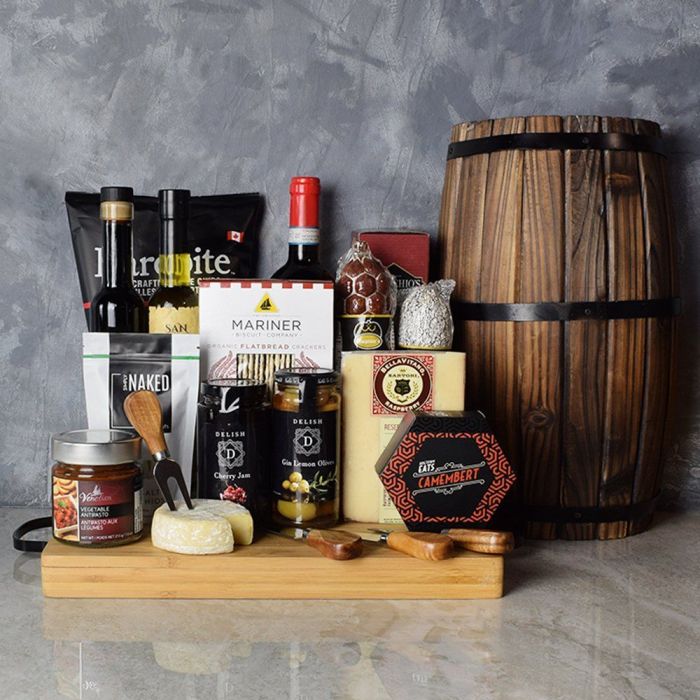 Deluxe Wine Gift Basket Featuring Artisan Cheeses and Charcuterie – how the gift is presented