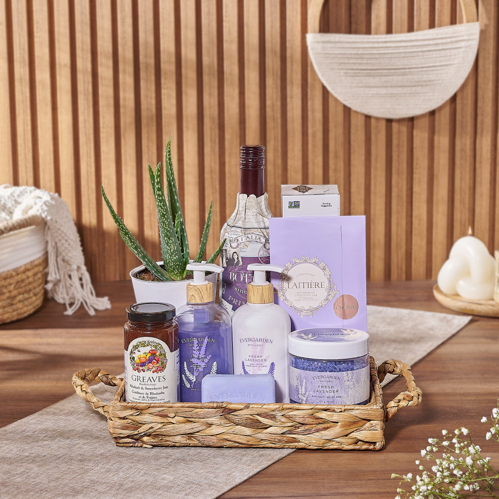 Woven Basket Wine Gift with Lavender Spa and Succulent Plant – how the gift is presented