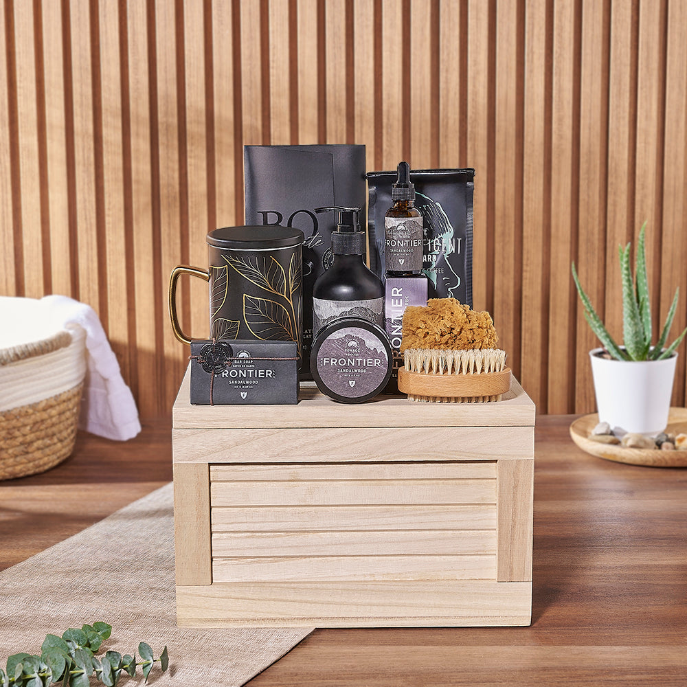 Wooden Crate Spa Gift Box with Sandalwood Essentials and Dark Chocolate Treats – how the gift is presented