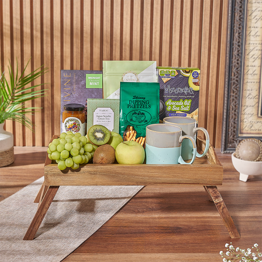 Acacia Wood Bed Tray with Gourmet Fruit and Snack Collection – how the gift is presented