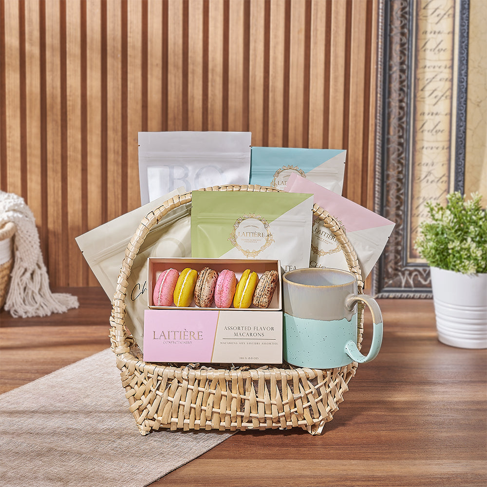 Small Wide Boat Basket Featuring Laitière Macarons and Cookies – how the gift is presented