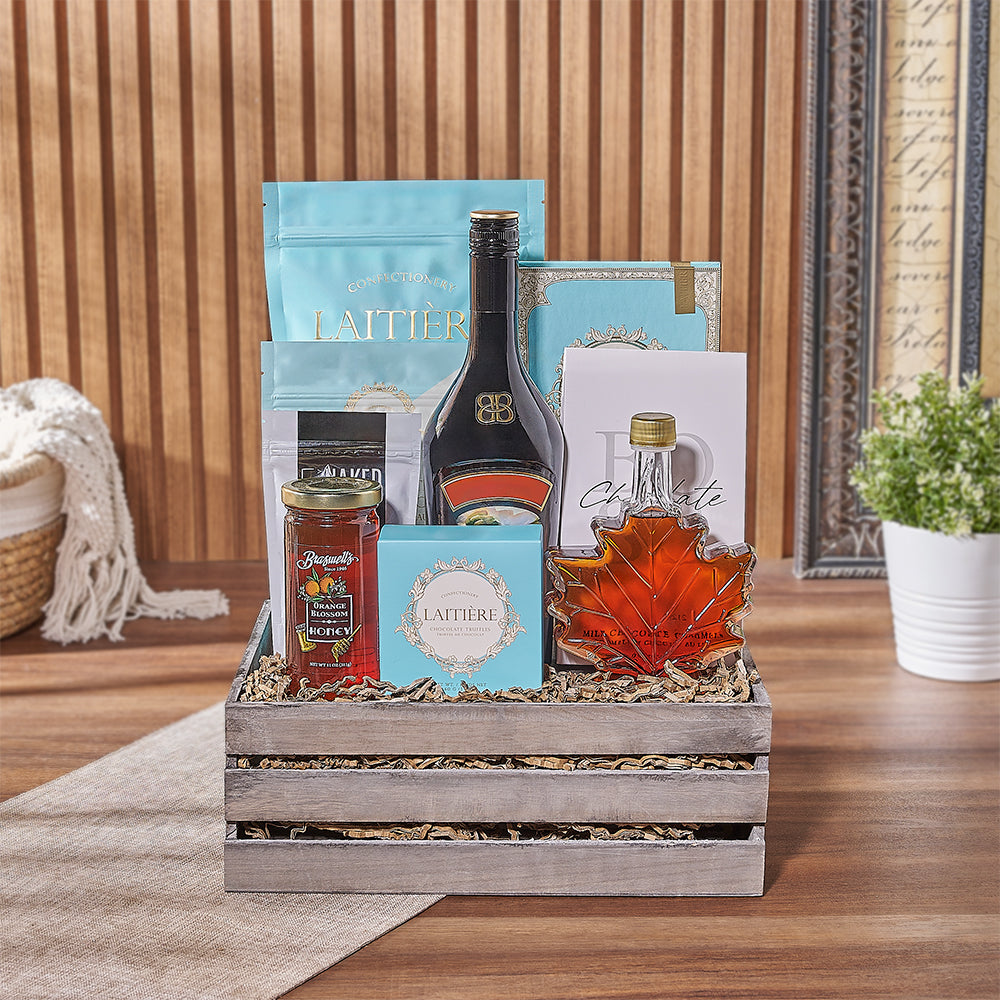 Vodka and Fine Chocolate Collection in Grey Wooden Crate Gift Basket – how the gift is presented