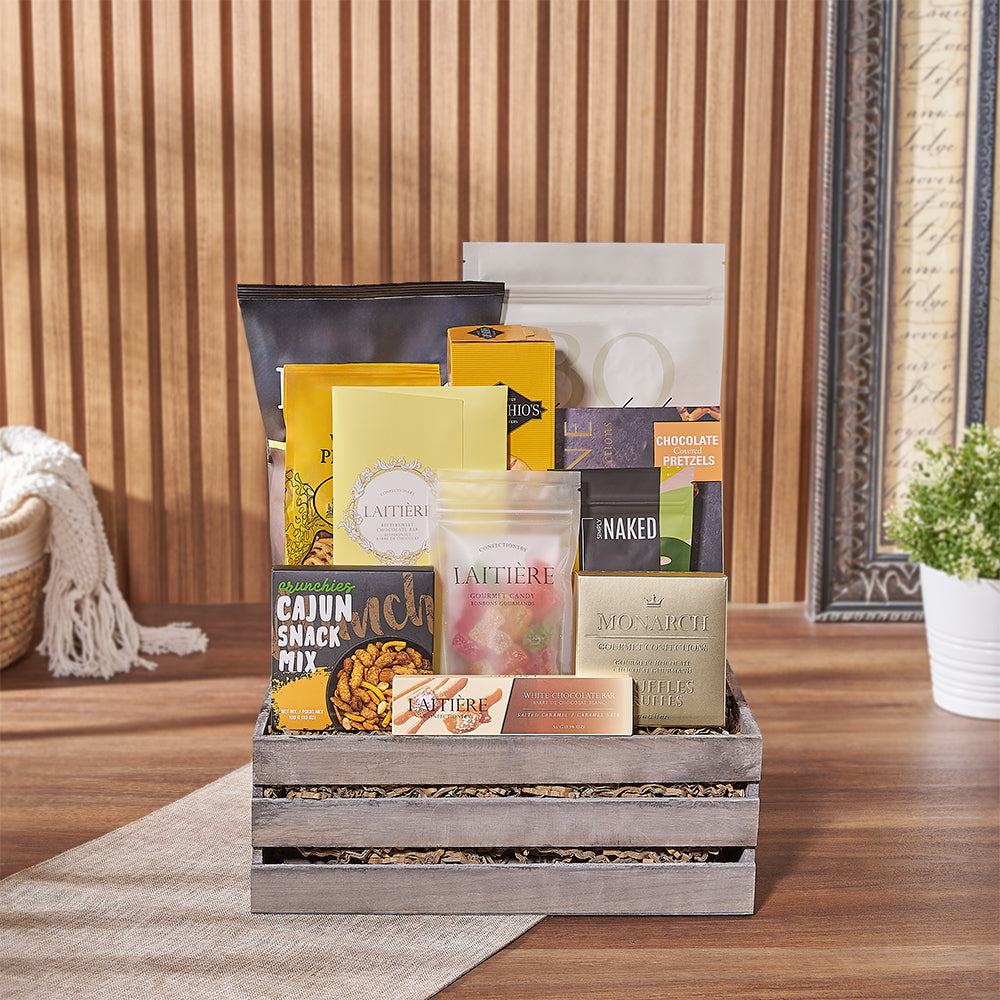 Gourmet Snack Gift Basket in Medium Grey Wooden Crate – how the gift is presented