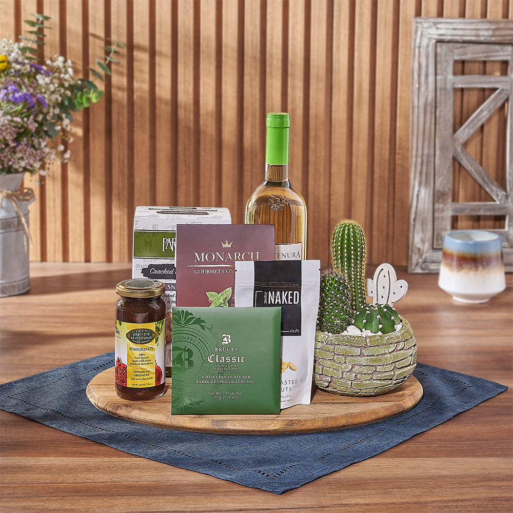 Kosher Wine &amp; Cacti Gift, kosher gift, kosher wine, plant, crackers, chocolate, nuts, jam, board, Ottawa Delivery
