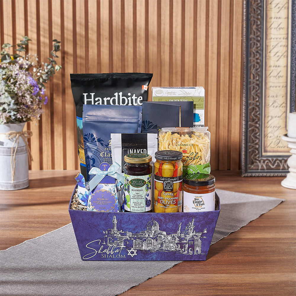 Kosher Gourmet Hanukkah Gift Basket with Artisanal Snacks – how the gift is presented