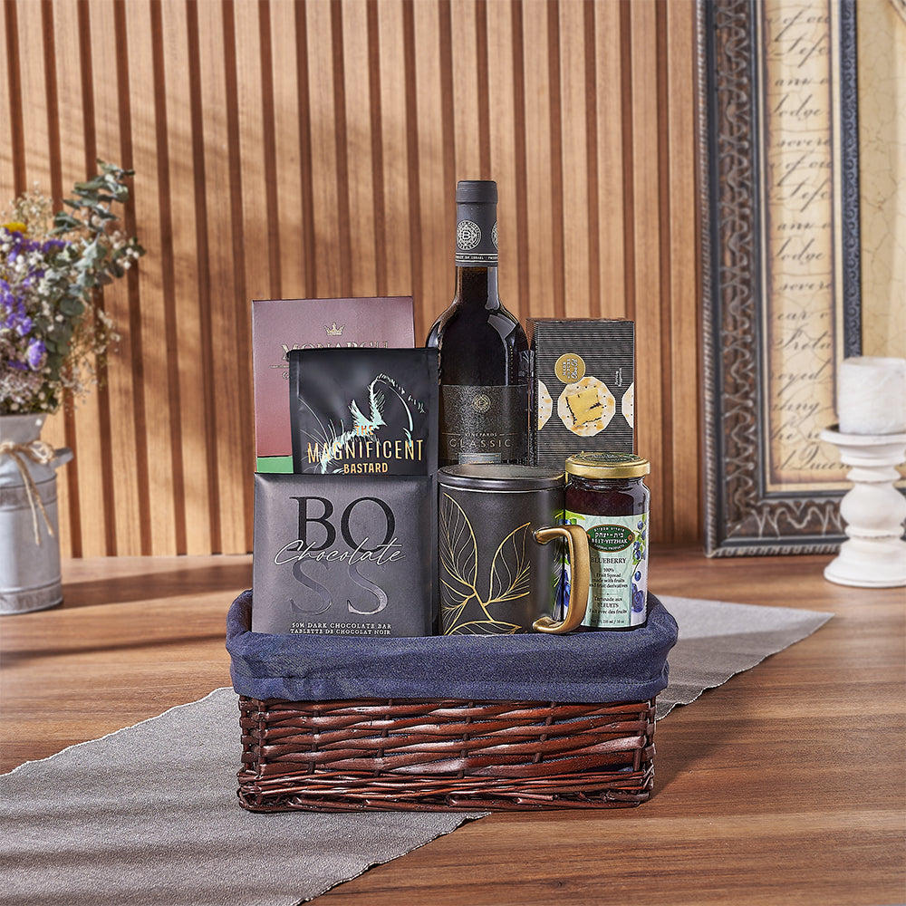 Elevate your Hanukkah festivities with the Happy Hanukkah Wine Gift Basket from Ottawa Baskets - Ottawa Delivery