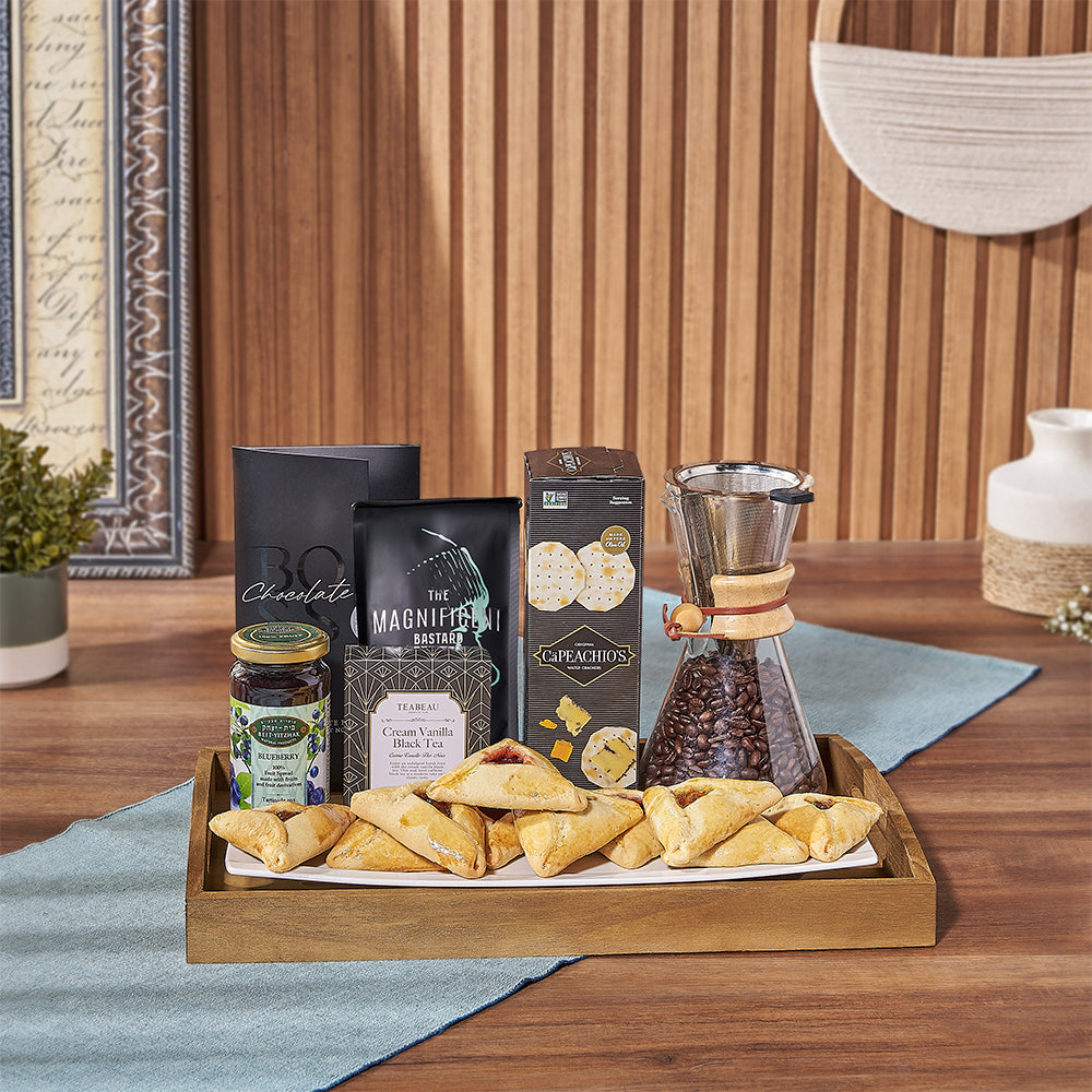 Purim Wooden Tray Gift Set with Roasted Coffee, Tea, and Blueberry Spread – how the gift is presented