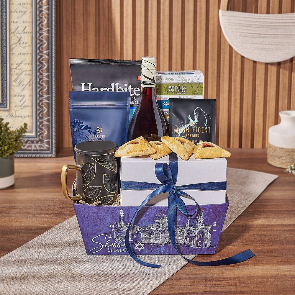 Premium Kosher Wine Gift Basket Featuring Purim Treats and Blue Shabbat Tray – how the gift is presented