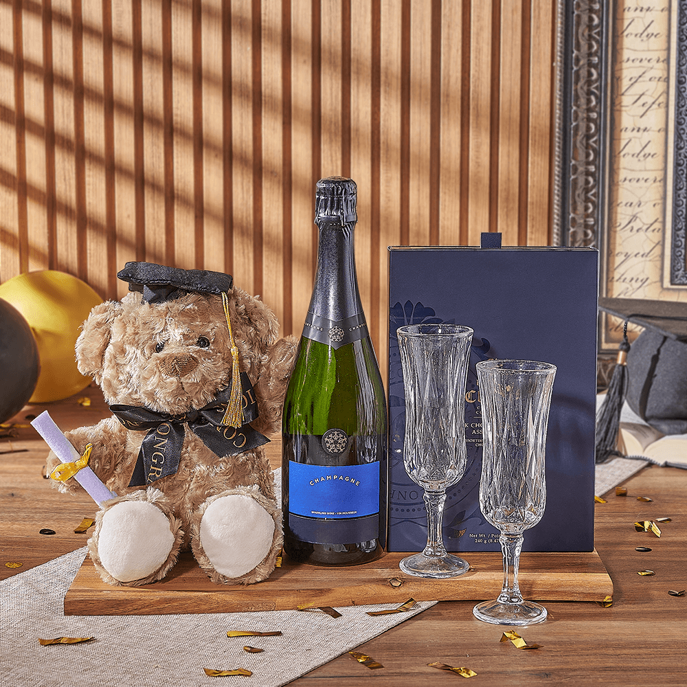 Deluxe Sparkling Wine Basket with Bruges Truffles and Graduation Teddy – how the gift is presented
