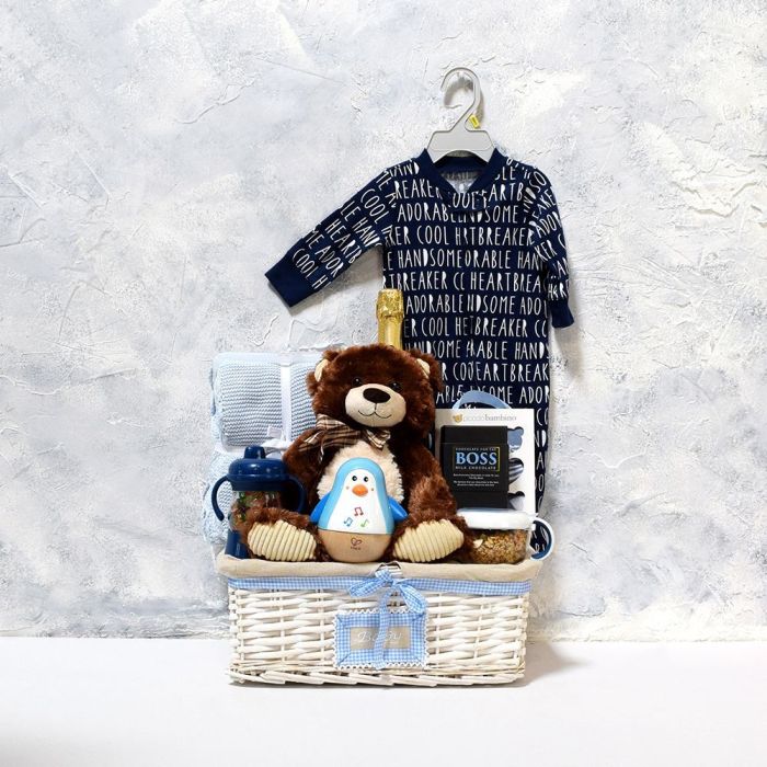 Welcome Baby Champagne Gift Basket with BOSS Chocolate and Blue Ribbon – how the gift is presented