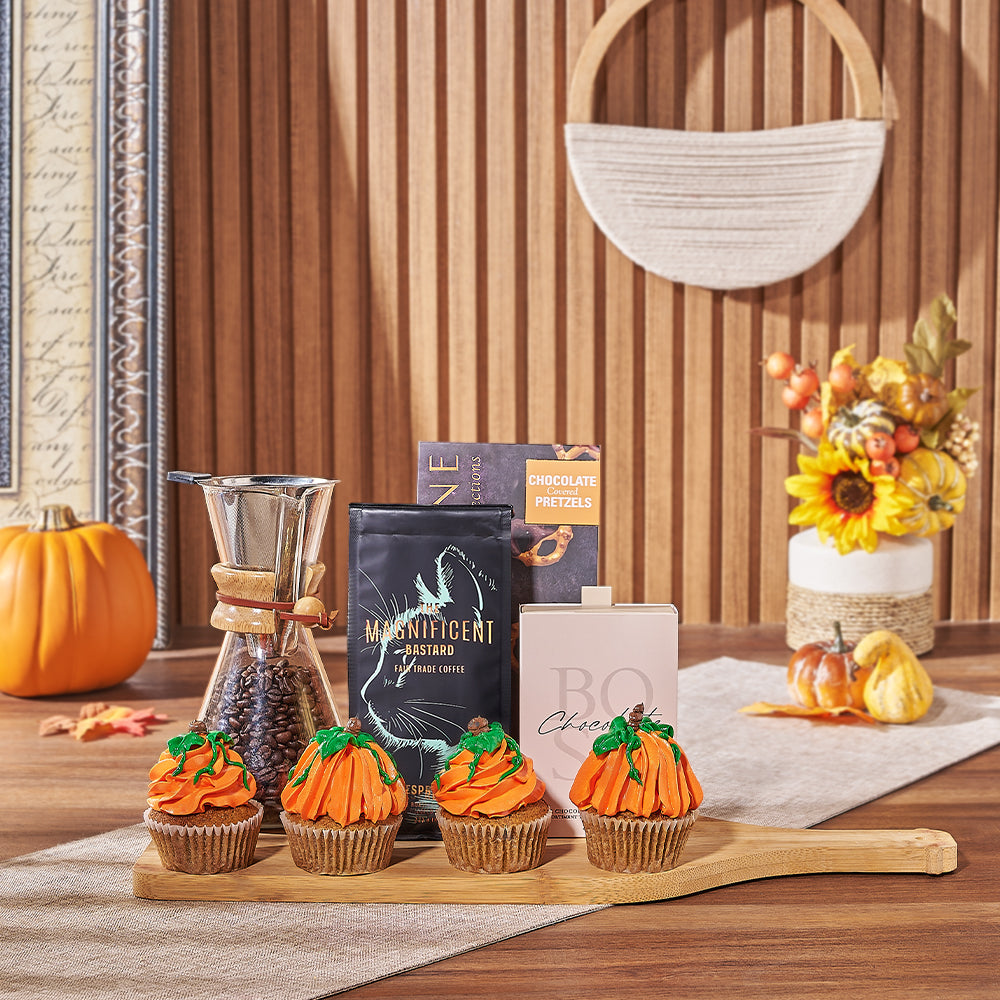 Seasonal Thanksgiving Basket Featuring Pumpkin Spice Cupcakes and Truffles – how the gift is presented