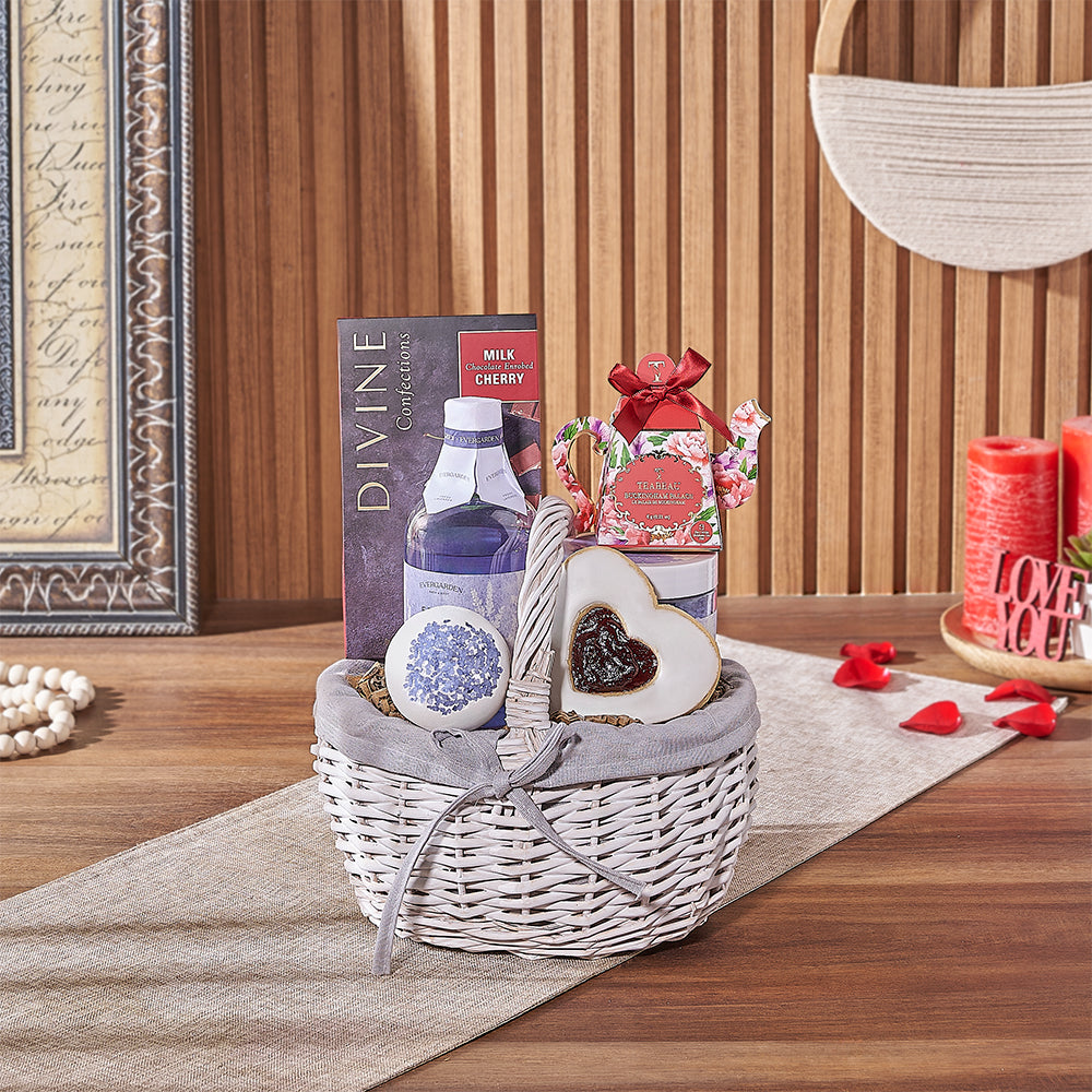 Valentine's Day Chocolate and Lavender Spa Basket in White Wicker – how the gift is presented