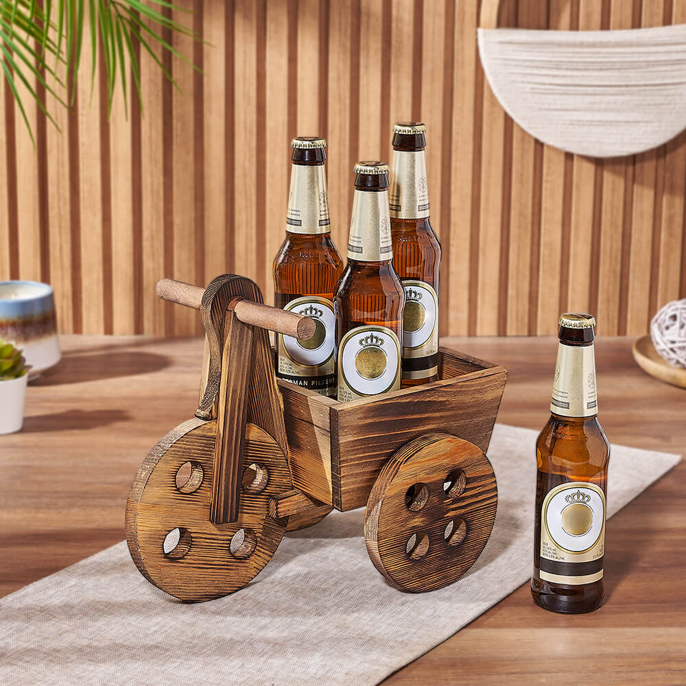 Elegant Beer Gift Basket Featuring Large Wooden Cart – how the gift is presented