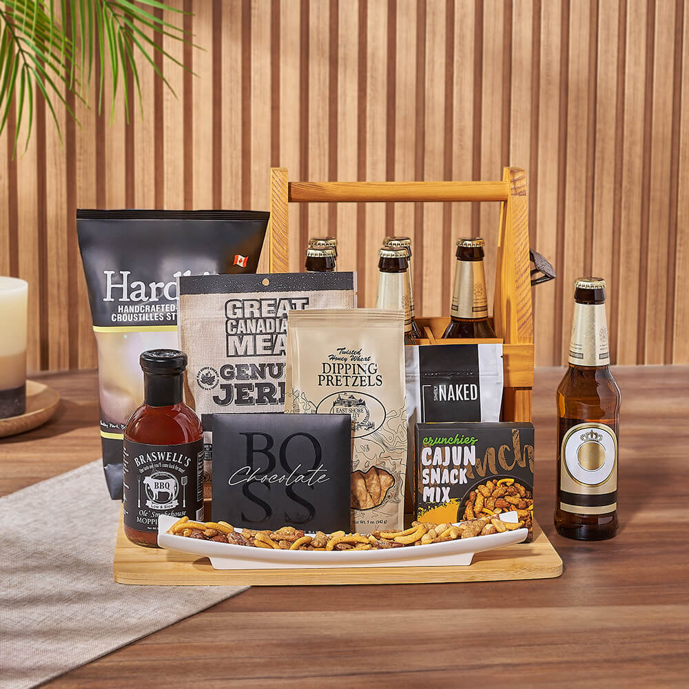 Gourmet Beer Gift Set with Bamboo Cutting Board and Serving Platter – how the gift is presented