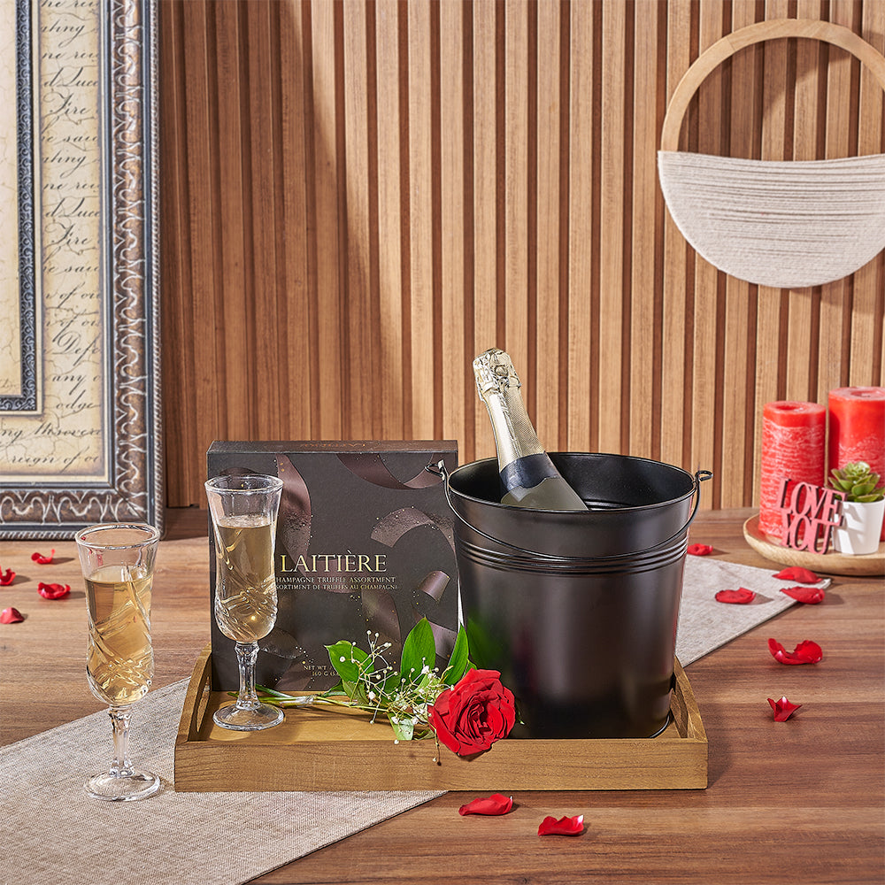 Valentine's Day Sparkling Wine Gift Basket in Metal Bucket – how the gift is presented
