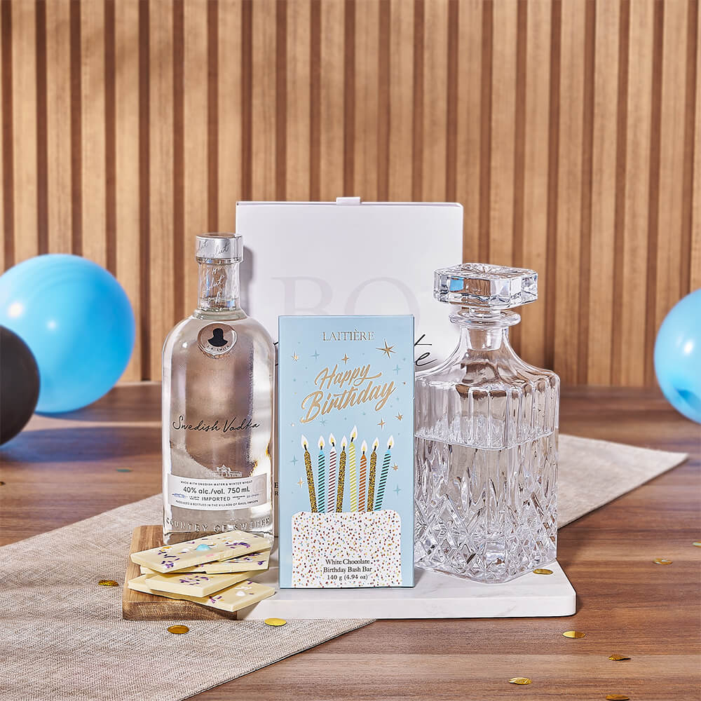 Vodka and Gourmet Chocolate Birthday Gift Set with Decanter and Cutting Board – how the gift is presented