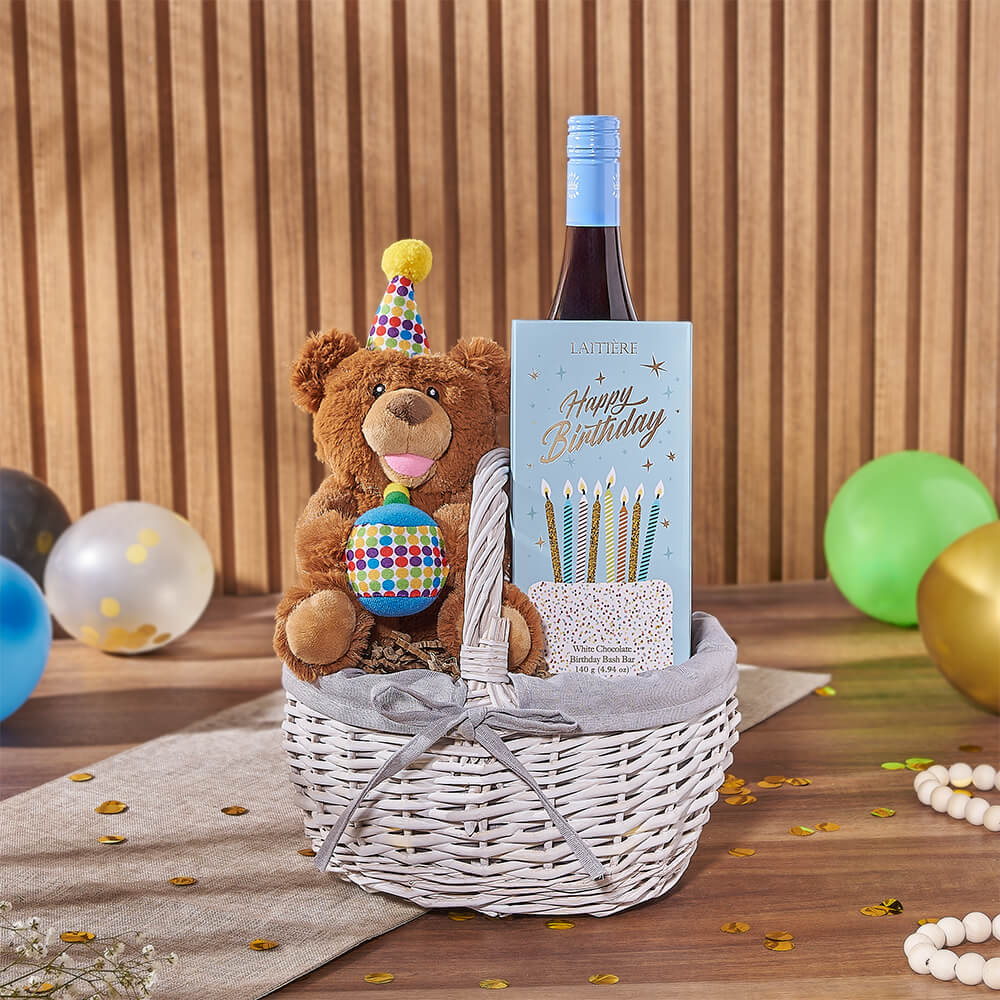 Birthday Wine &amp; Bear Gift Basket, wine gift, wine, birthday gift, birthday, chocolate gift, chocolate, Ottawa delivery