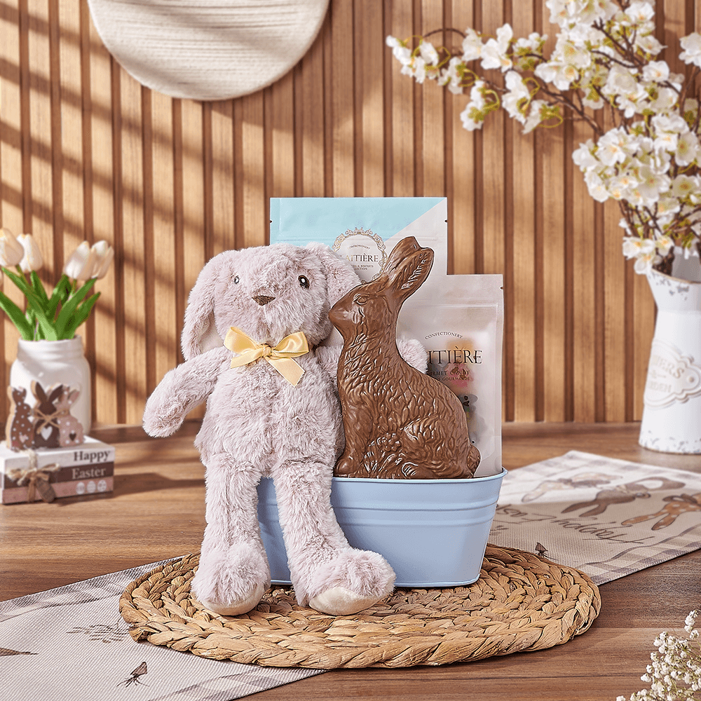 Easter Plush Bunny Basket in Blue Metal Bucket with Chocolates – how the gift is presented
