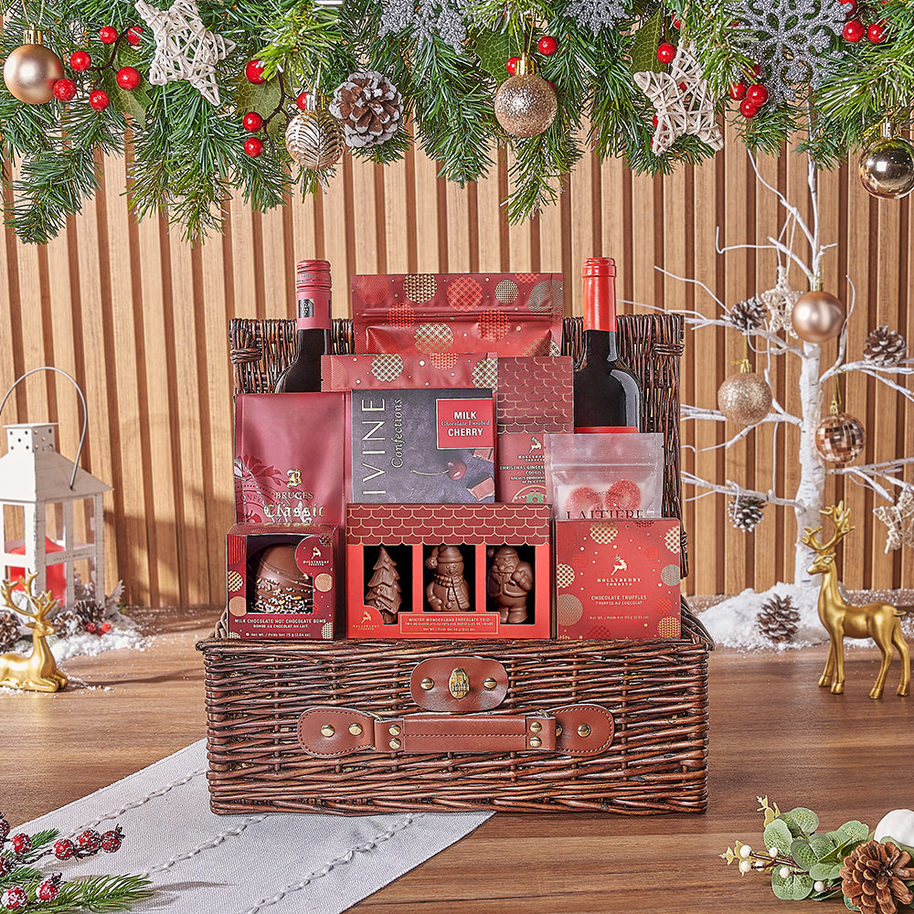 Festive Wicker Picnic Basket with Two Wine Bottles and Assorted Chocolates – how the gift is presented