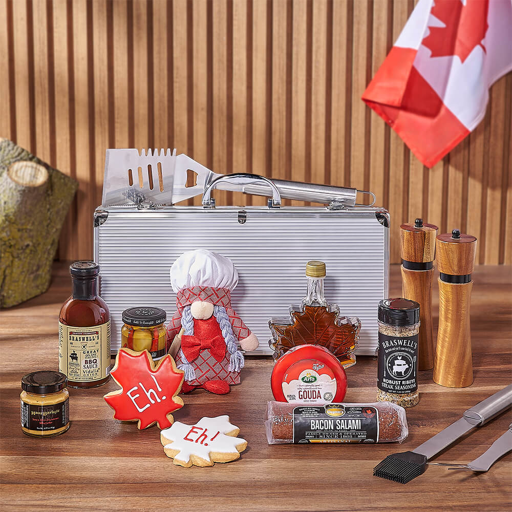 Plush Chef and Canada Day Grill Gift Basket with Gourmet Sauces – how the gift is presented