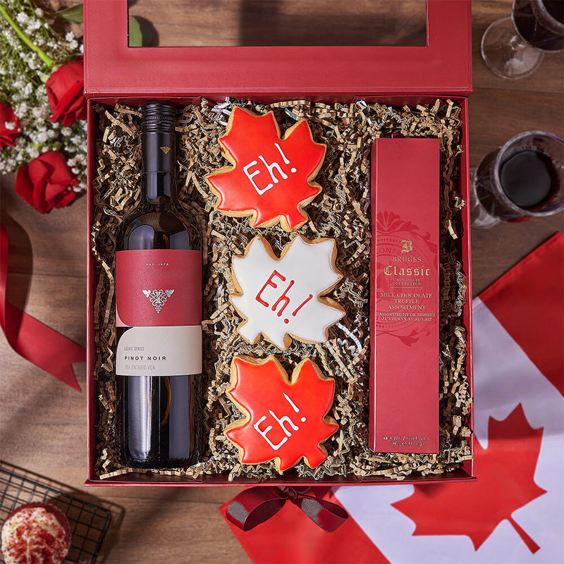 Canada Day Wine Gift Box, canada day gift, canada day, wine gift, wine, chocolate gift, chocolate, cookie gift, cookie, Ottawa delivery