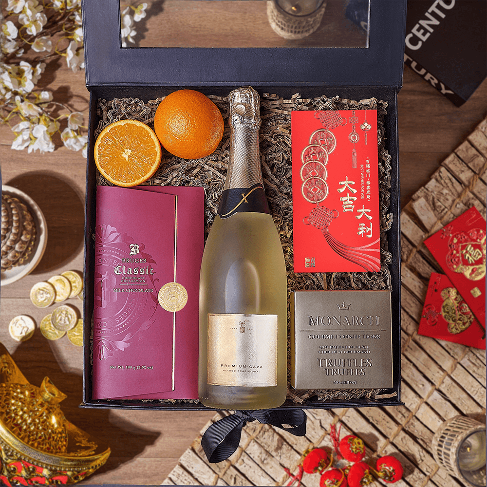 Chinese New Year Sparkling Wine Box with Truffles, Chocolate, and Oranges – how the gift is presented