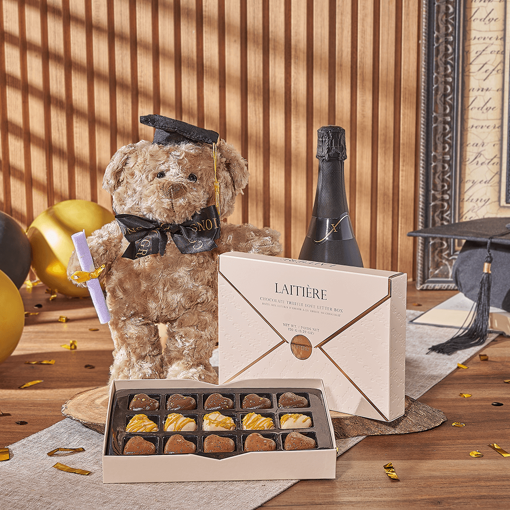 Champagne & Graduate Bear, champagne gift, champagne, sparkling wine gift, sparkling wine, graduation gift, graduation, chocolate gift, chocolate, Ottawa delivery