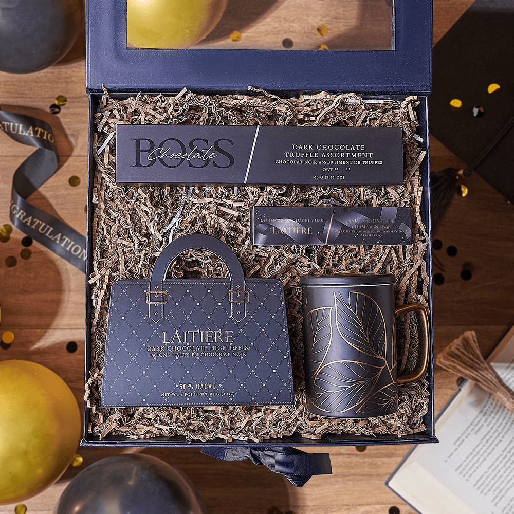 Blue Folding Box Dark Chocolate Assortment for Graduation – how the gift is presented