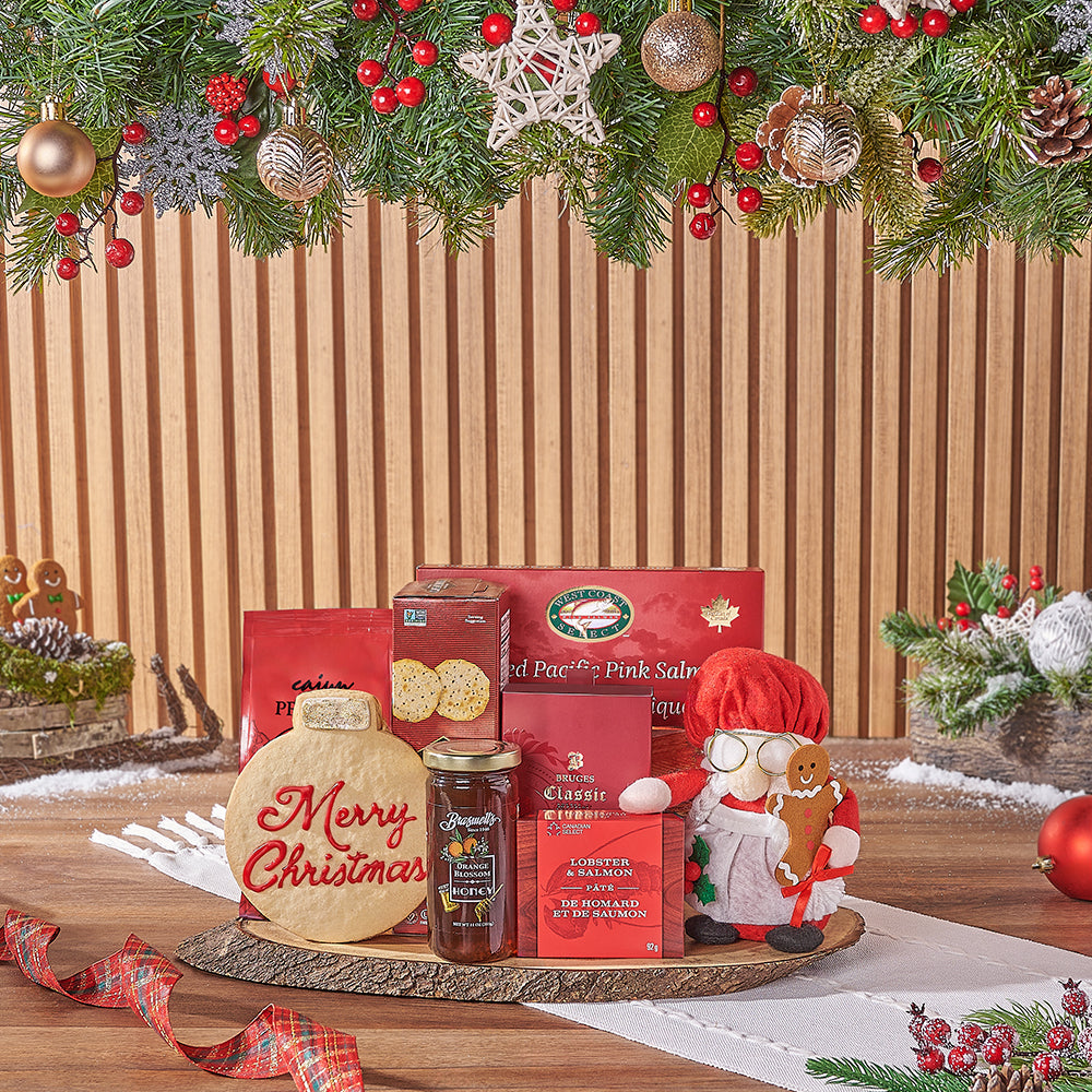 Festive Gourmet Christmas Gift with Smoked Salmon and Live-Edge Serving Board – how the gift is presented
