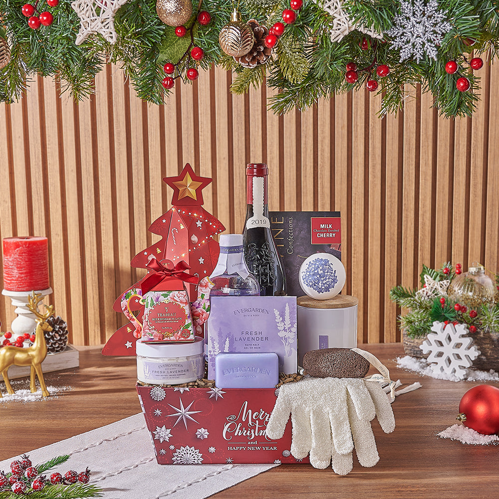 Christmas Wine &amp; Spa Gift Set, wine gift, wine, spa gift, spa, chocolate gift, chocolate, tea gift, tea, Ottawa delivery