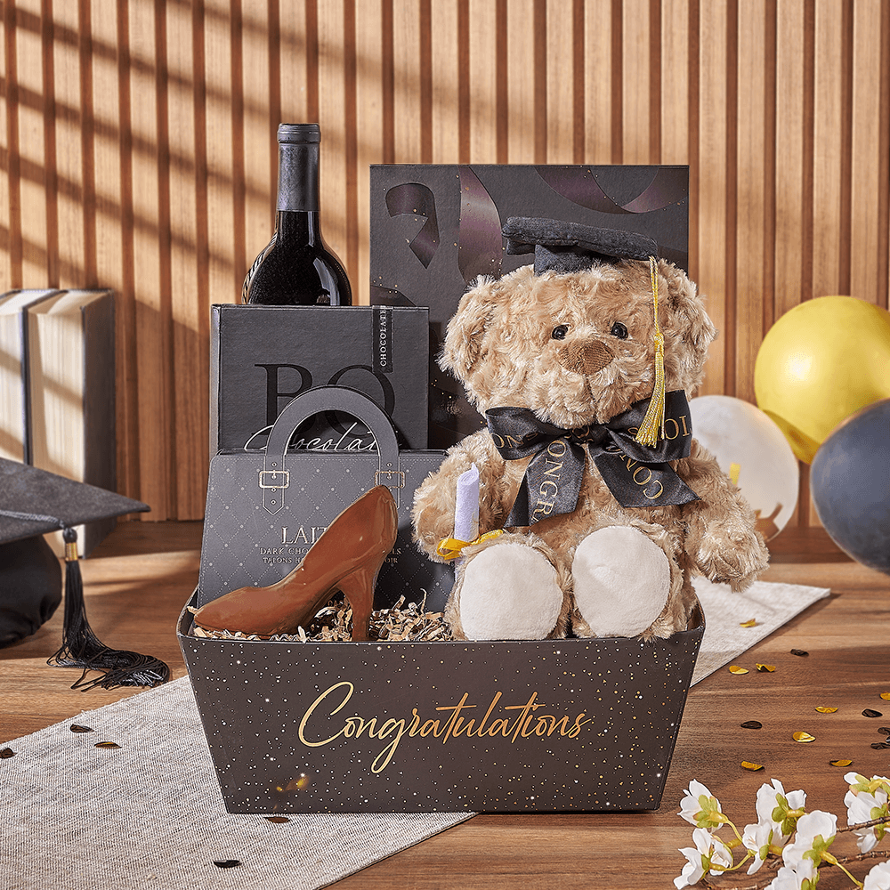 Graduation Congratulations Gift Tray with Chocolate and Bottle – how the gift is presented