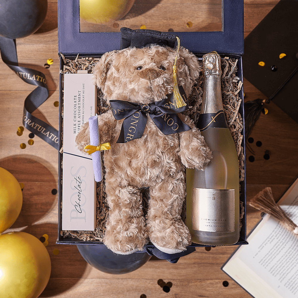 Plush Bear Graduation Sparkling Wine Gift Box with Chocolates – how the gift is presented