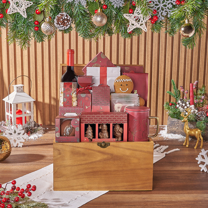 Cozy Holiday Wine Gift Basket, christmas gift, christmas, chocolate gift, chocolate, wine gift, wine, cookie gift, cookie, Ottawa delivery